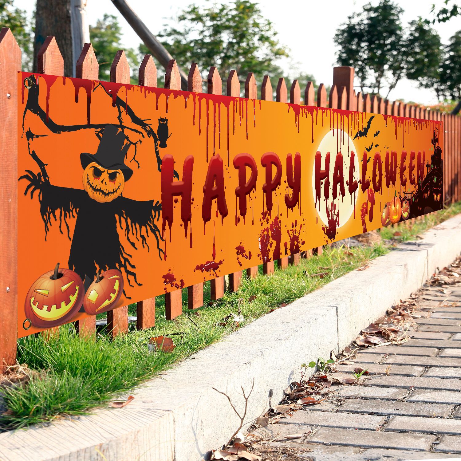 250cmx48cm Horror Happy Halloween Bloody Bat Pumpkin Ghost Print Party Backdrop Halloween Hanging Banner Home Garden Decoration