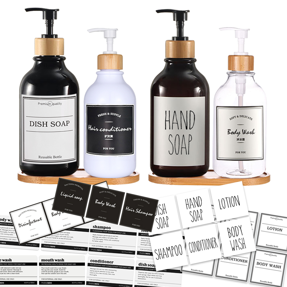 300/500ml Soap Dispenser Bottle Bamboo Pump Bathroom Portable Soap Bottle  Shampoo Shower Gel Refillable Bottle Waterproof Label