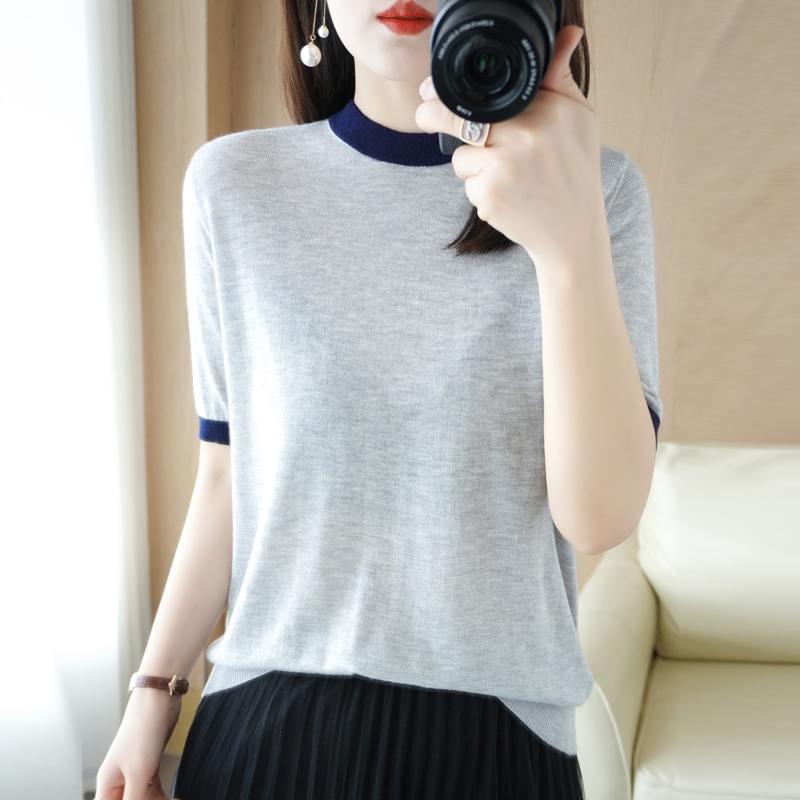 Wool Knitted Color-Blocking Short-Sleeved Women's  Summer Mid-Sleeve Slimming Design Niche T-Shirt Bottoming Shirt Top