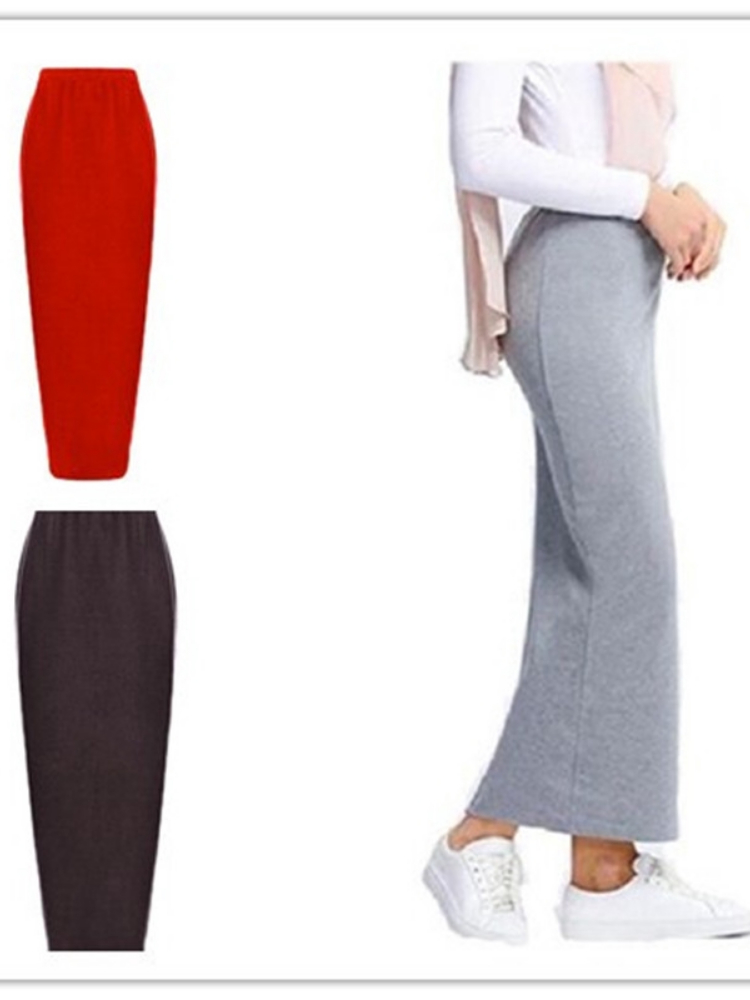 Muslim  Women's Bottoms Solid Long Pencil Skirt High Waist Stretch Cotton Maxi Bodycon Skirts