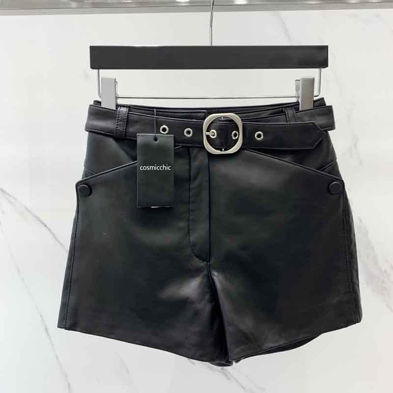 Early Autumn Genuine Leather Black Shorts Women  Runway High Waist Pocket Design Sexy Short  Pants Elegant  Clothes
