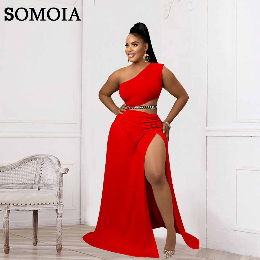 Plus Size Two Piece Sets Solid Color Sloping Shoulder Strapless Sexy Tight Slit Elegant Two-piece Suit WholeDropshipping