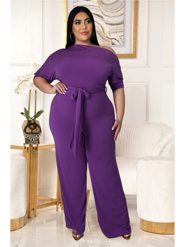Plus Size Women Clothing   Off Shoulder Bodycon Lace Up Jumpsuit Solid Color Ruched Wide Leg Pants Set Summer Outfits
