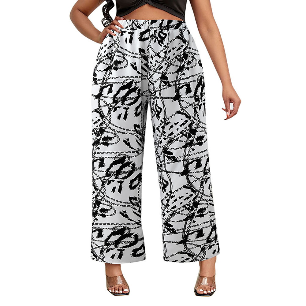 Plus Size Wide Leg Pants Women Spring Autumn  England Style Elastic Waist High Street Loose Fat Pants for Women