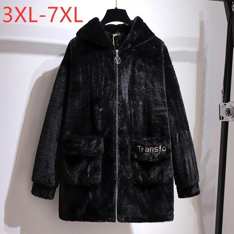  Winter Plus Size Women Clothing Hoodie Overcoat Large Long Sleeve Black Velvet Plush Thick Coat 3XL 4XL 5XL 6XL 7XL