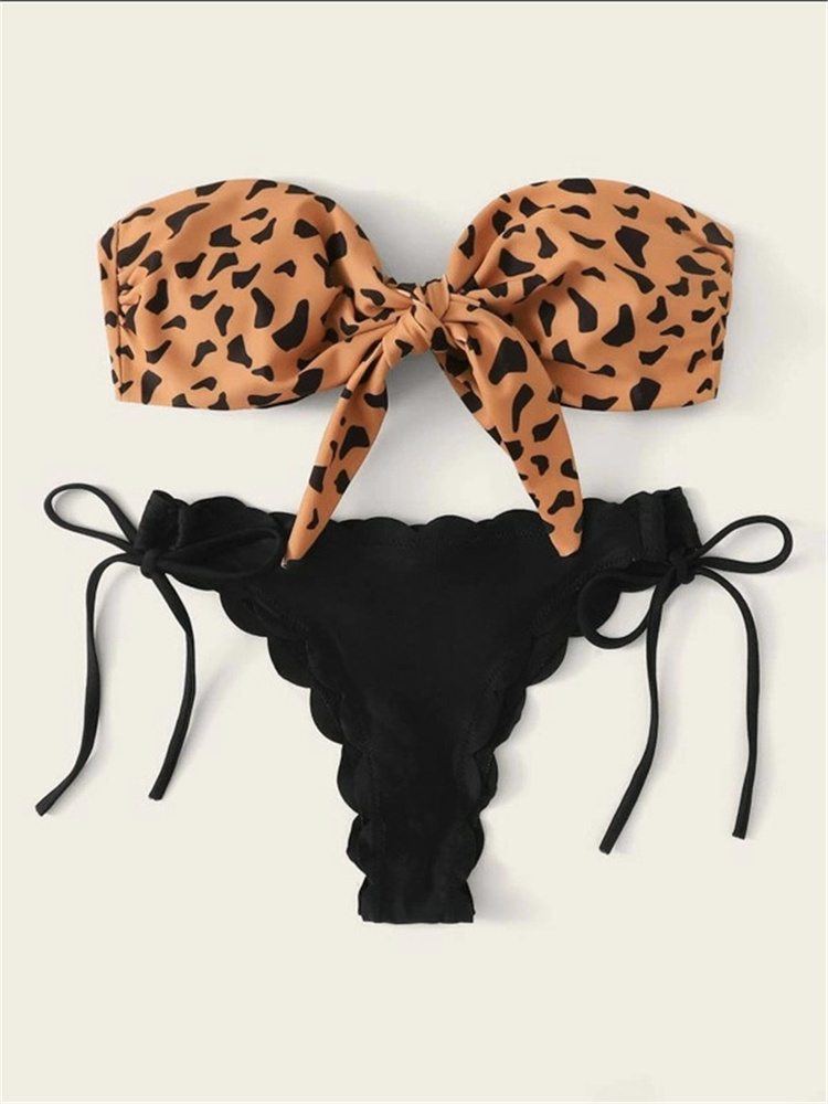 Beach Bikini  Woman Sexy Front Lace Up Tie Strapless Leopard Swimsuit Female Push Up Ruffled Bow Bathing Suit Thong Swimwear