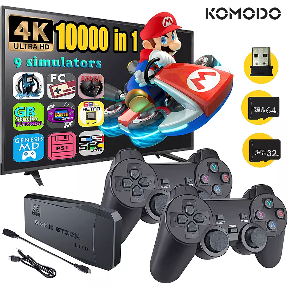 KOMODO 4K HD Video Game Console 2.4G Double Wireless Controller For PS1/FC/GBA Retro TV Dendy Game Console 10000 Games Stick