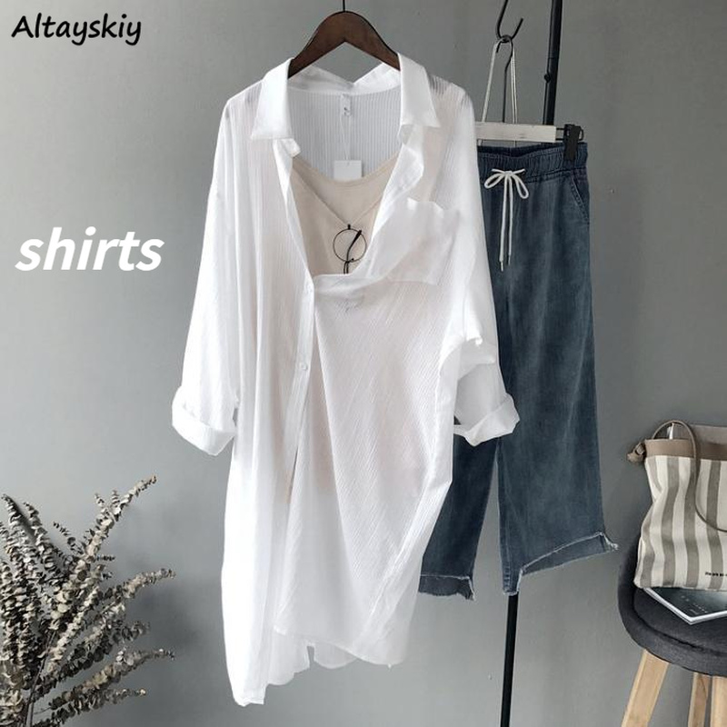 Shirts Women Solid Loose Femme  Blusas Sun-proof Summer Casual Ulzzang Thin All-match Streetwear Chic Elegant Breathable