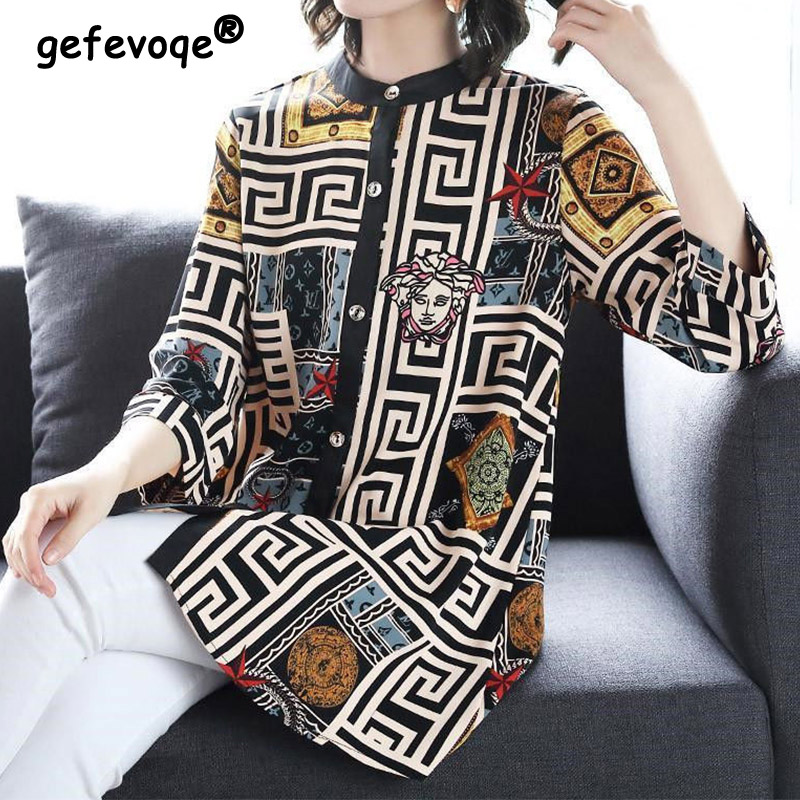 Vintage Casual Printing Button Long Shirt Summer Autumn  Street Style O-Neck Three Quarter Sleeve Loose Tops Ladies Clothing