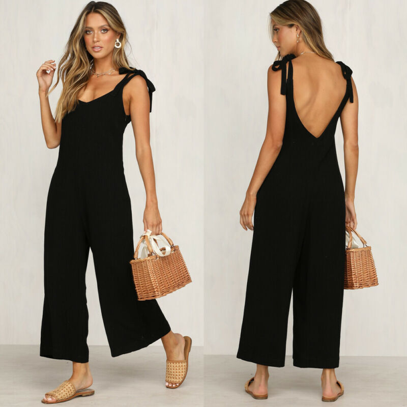 Rompers  Summer Women Casual Loose Linen Cotton Jumpsuit Sleeveless Backless Playsuit Trousers Overalls