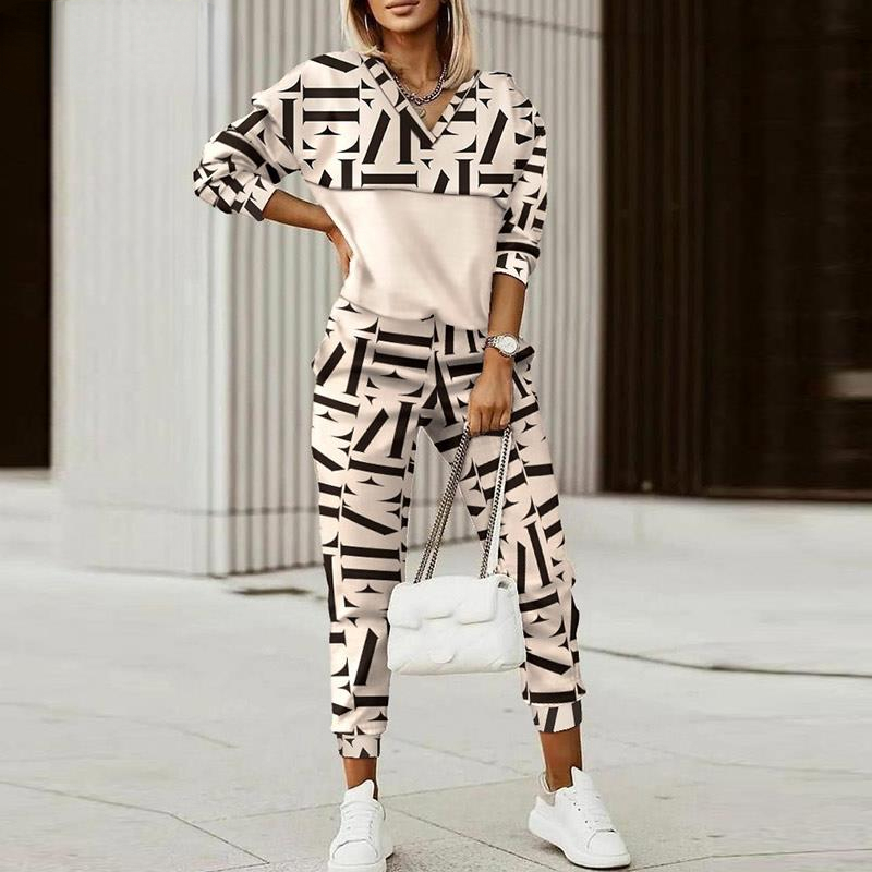  Spring Autumn Women  Print Splicing Tracksuits Two Piece Sets Female Casual Long Sleeve V Neck Top Jogging Pant Suit