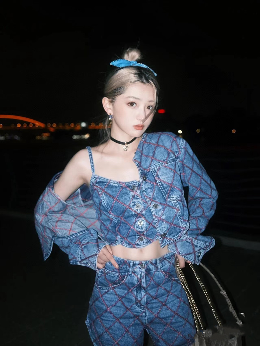  sense long sleeve short denim jacket women's Plaid suspender Top High Waist Shorts  suit