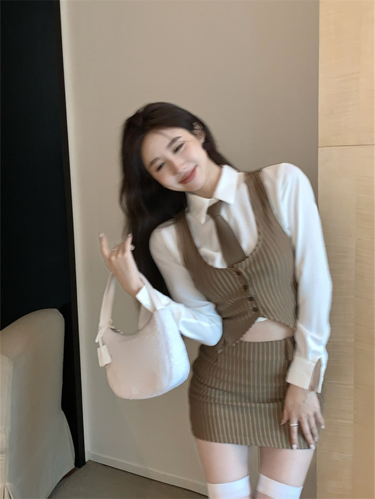 American Retro 3pcs Suit Women V-neck Button Up Vest + Shirt Tie + Mini Skirt  Spring  Girl Knitted