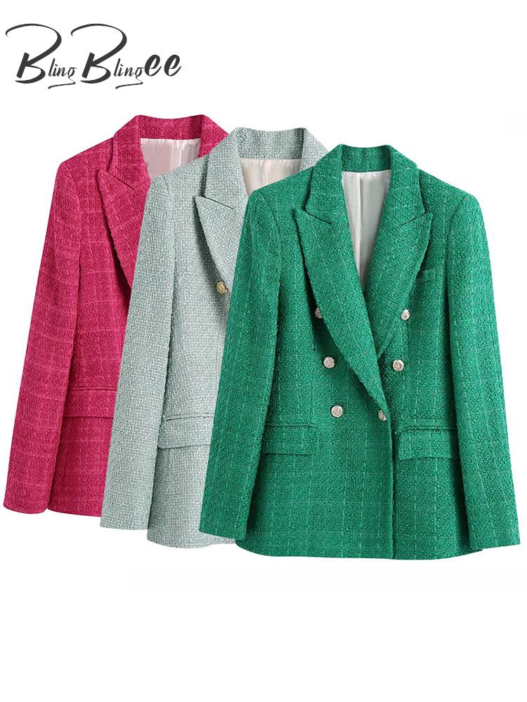 BlingBlingee  Spring Women Traf Jacket Ornate Button Tweed Woolen Coats Female Casual Thick Green Blazers Blue Outerwear