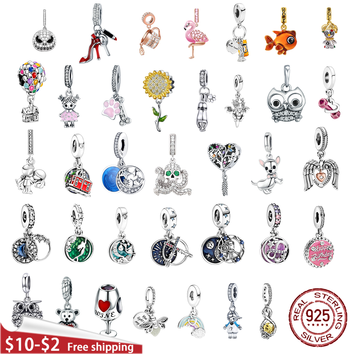 925 Sterling Silver Stork & Twinkling Stars Dangle Charm fit Original Pandora Charm Bracelet S925 Women Jewelry Gift