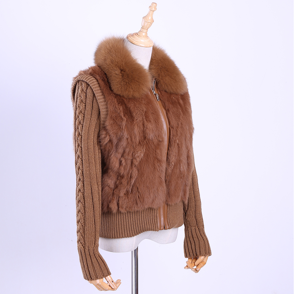  Women's Genuine Real Rabbit Fur Fox Fur Collar Knitting Sleeve Women's Winter Coat Fur Jacket Casual Short Outwear Slim
