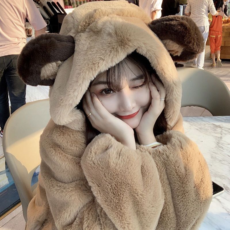 Fur Jacket Women Bear Ear Plush Jacket  Winter   Cute Preppy Style Oversized Hooded Loose Kawaii Fluffy