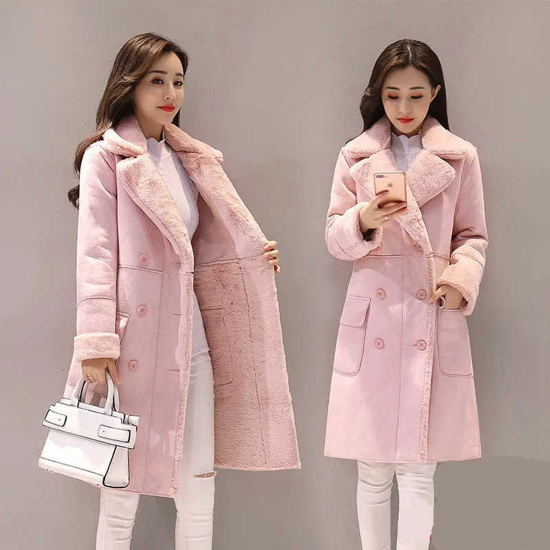 Lamb Wool  Coat Female  Winter ThickVelvet Thick Suede Coat Mid-length Fur One Lapel Coat Commuter Buttons Splicin