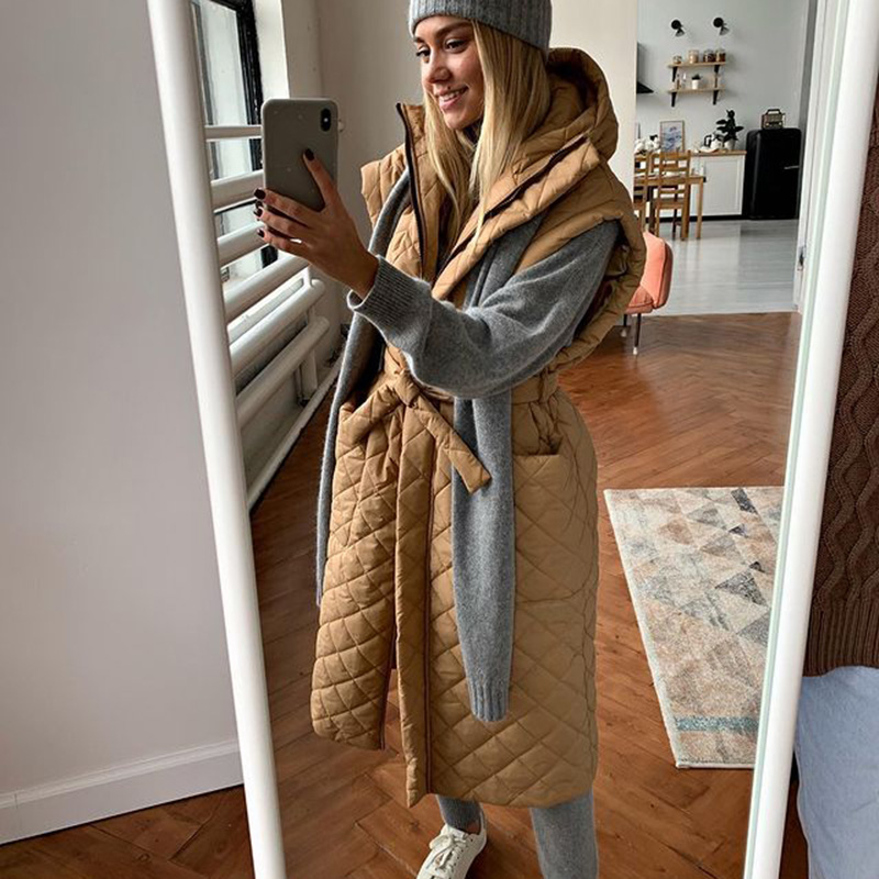 RR Solid Hooded Vests Women  Tie Belt Collected Waisted Argyle Coats Women Elegant Pockets Long Vests Female Ladies