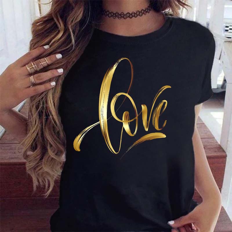 Women T Shirt Gold Letter Love Print T Shirt Female Short Sleeve Tops Girls Black T-shirt Women Casual