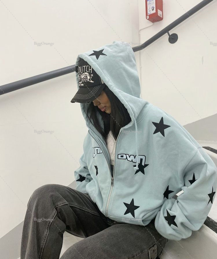 Vintage Sweatshirt Ladies Casual Star Print Design Zip Hoodie Ladies Hip Hop Loose Harajuku Punk Gothic Style Y2k Women's Top