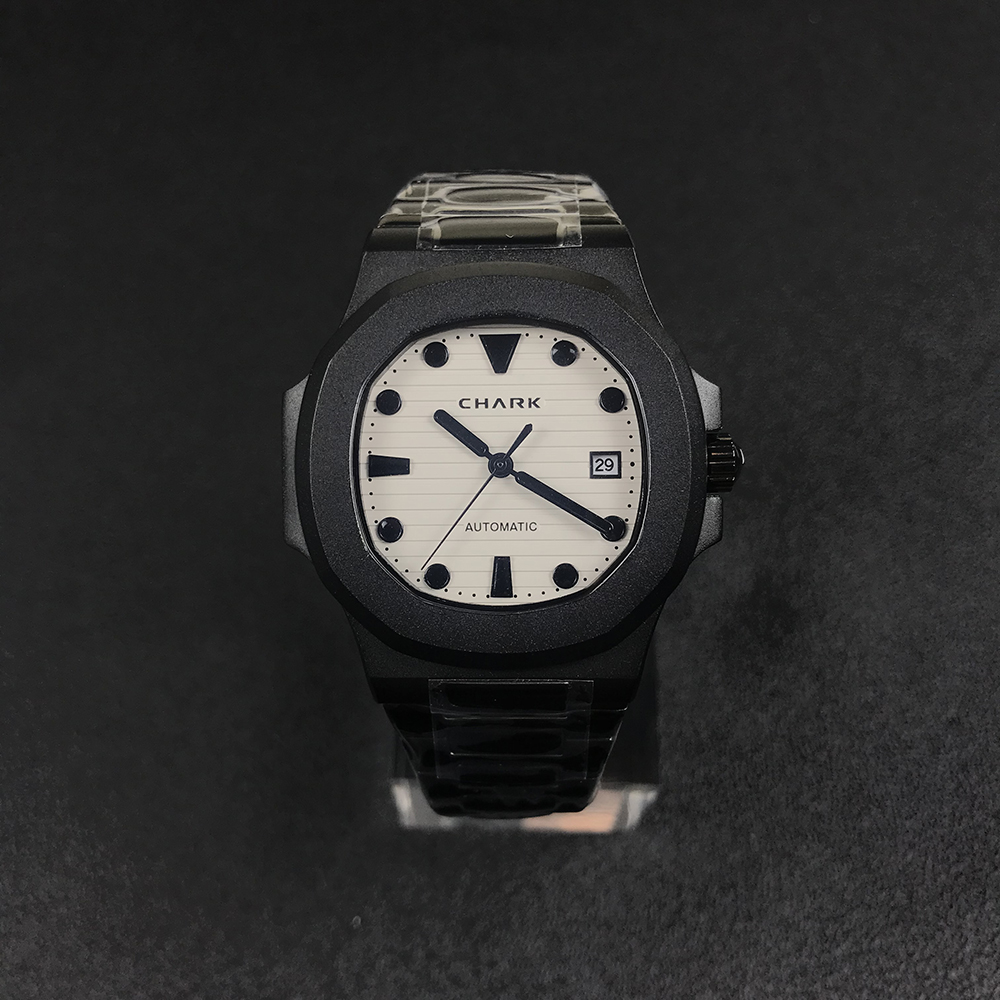 CHARK  Mens Watch Full Black White Dial Sapphire Glass Luminous Automatic Mechanical Movement Waterproof Male Wristwatches