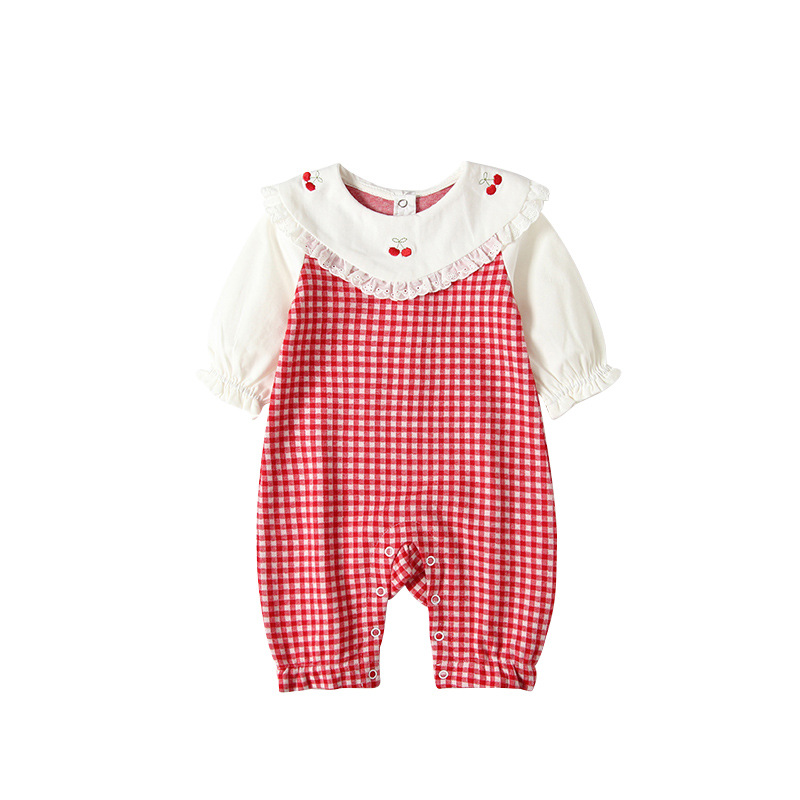 Autumn Baby Rompers Cotton Plaid Cherry Embroidery Girls Clothes One-Piece Pajamas 0-18 Months Kids Jumpsuit Outfits