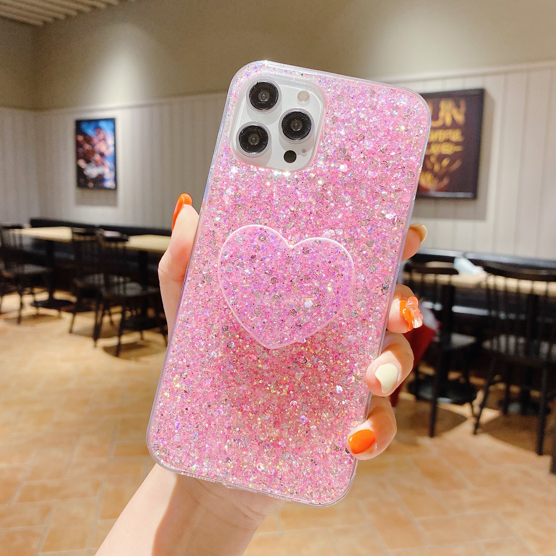 Luxurious Glitter Clear Love Stand Case for iPhone 13 11 12 Pro MAX Mini XS X XR 7 8 Plus SE Shockproof Soft Silicone
