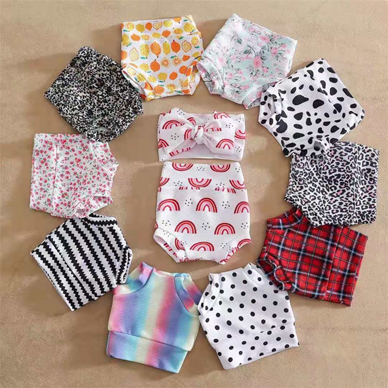 Summer Kids  Girls Shorts Floral Heart Rainbow Print Baby Girl Shorts Cotton Shorts  Newborn Bloomers with Headband