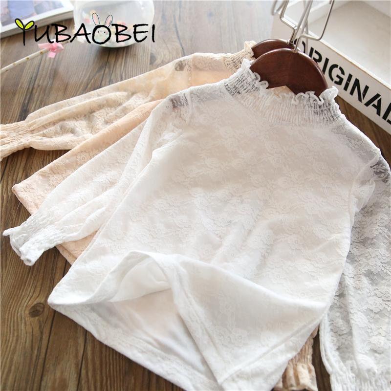 Girls White Lace Bottoming Shirt All-match  Version High-neck Long-sleeved T-shirt Spring and Autumn BlouseTops