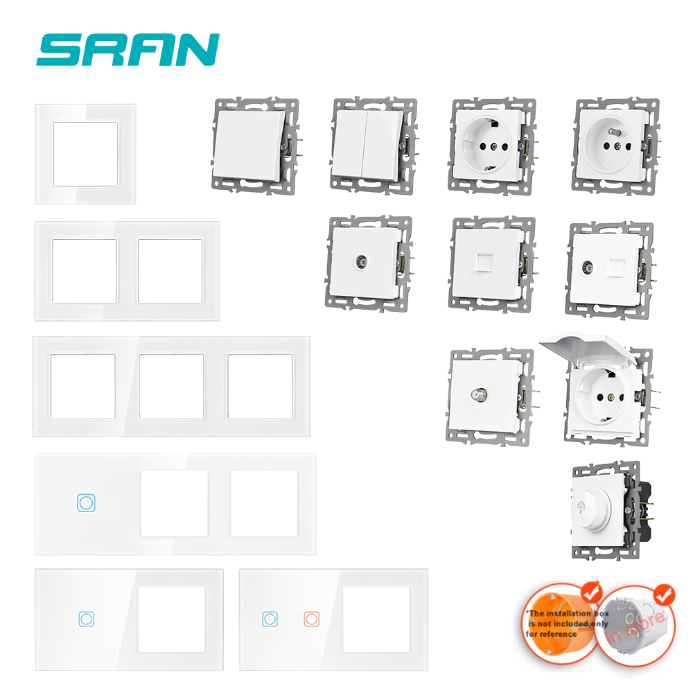 SRAN F6 Series White Crystal Tempered Glass Panel Light switch eu french wall socket usb tv rj45 rj11 Sensor switch Module DIY