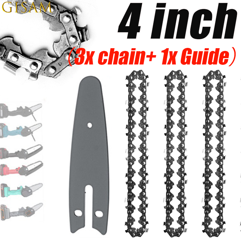 4Pcs Mini Chainsaw Chain+Guide Plate 4 Inch Chainsaw Chain Guide Saw Chain Replacement Accessory Wood Cutting Universal Chain