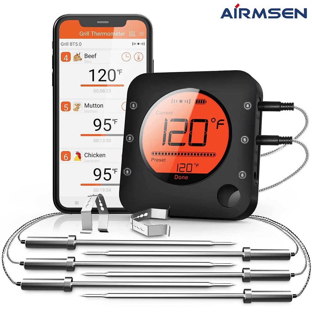 AIRMSEN Wireless Bluetooth Thermometer Remote Digital Kitchen Cooking Food Meat Thermometer With Probe For BBQ Smoker Grill Oven