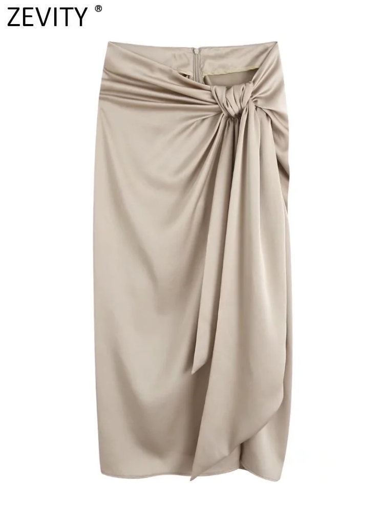 Zevity Women  Knotted Design Slim Sarong Midi Skirt Faldas Mujer Female Back Zipper Summer Vestidos QUN900