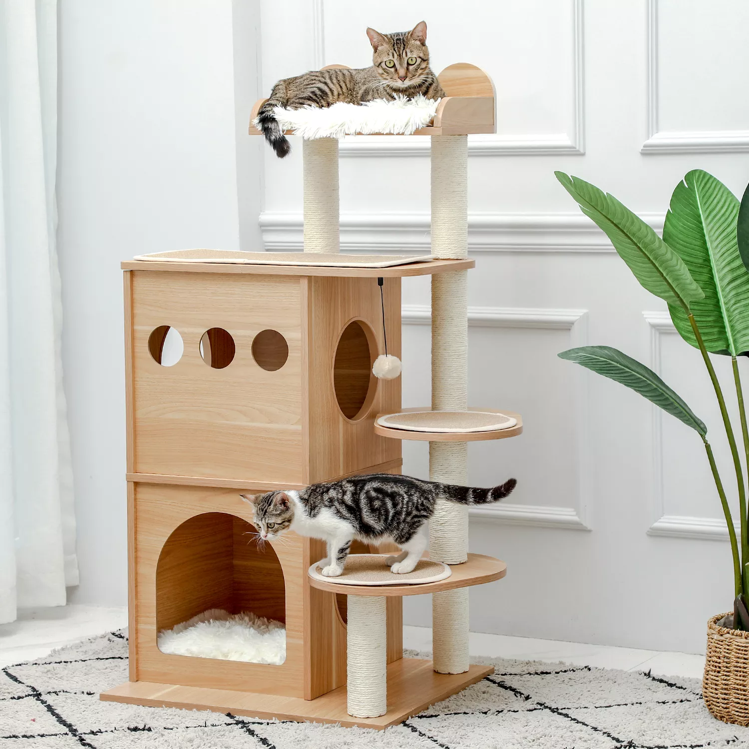 Modern Cat Tree Wooden Multi-Level Cat Scraper Tower  Nest Cat Climbing Frame Cozy Condos Deeper Version Dangling Balls