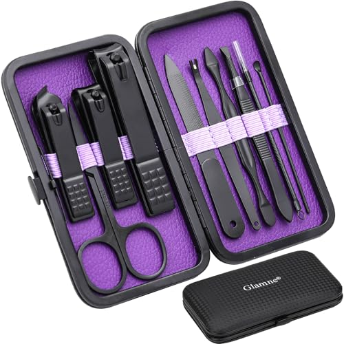 Manicure Set Nail Clippers Kit Professional Stainless Steel Nail Care Tools with Leather Travel Case 10 in 1 Purple