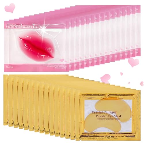 30 Pairs Lip Masks & 24K Gold Gel Eye Masks,Crystal Collagen Eye Patches for Puffy Eyes,Moisturizing& Reducing Fine Lines Dark Circleeye Patches for Women Men