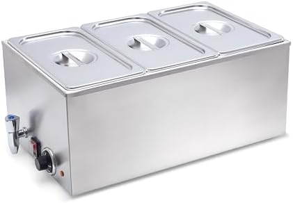 SYBO ZCK165BT-3 Commercial Grade Stainless Steel Bain Marie Buffet Food Warmer Steam Table for Catering and Restaurants, (3 Sections with Tap), Sliver