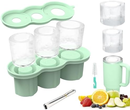 Ice Cube Tray 3 Different sizes Durable Stackable Silicone Cylinder Ice Cube Mold for 20oz 30oz 40oz Tumbler with Lid, Ice Tong and Brush for freezer, Chilling Cocktails,Whiskey, BPA Free