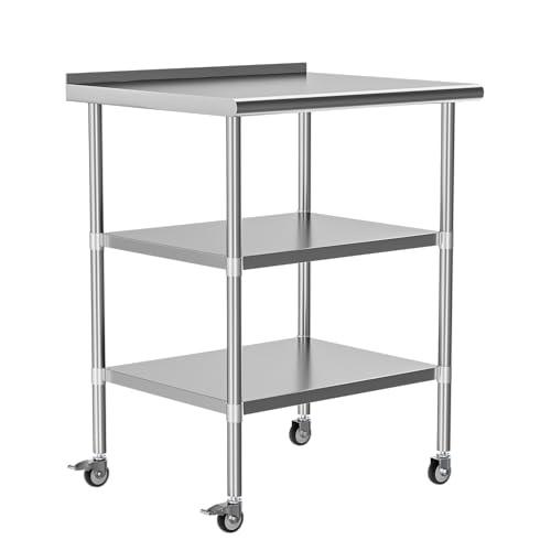 Stainless Steel Table with Wheel Caster 24 x 30 Inches Metal Prep Table with 2 Adjustable Undershelves & Backsplash, Stainless Steel Work Table for Commercial Kitchen, Outdoor, Restaurant