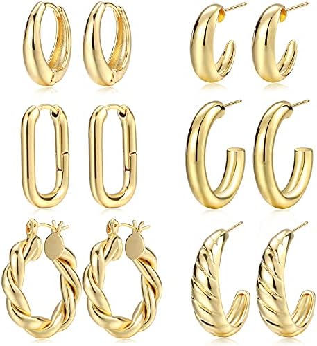 Gold Hoop Earrings Set for Women, 6 Pairs 14K Gold Plated Lightweight Hypoallergenic Chunky Open Hoops Jewelry