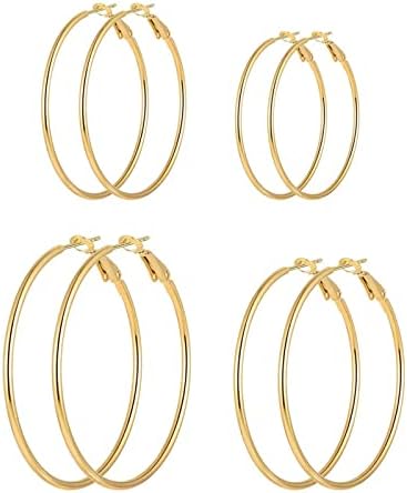 4 Pairs Silver Gold Hoop Earrings for Women | 14K Gold Plated Hoop Earrings Set Hypoallergenic Earring Lightweight Dangle Earrings Set