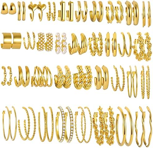 36 Pairs Gold Hoop Earrings Set for Women Multipack, Hypoallergenic Chunky Chain Twisted Hoop Earrings Pack, Fashion Dangle Earrings Jewelry for Gift
