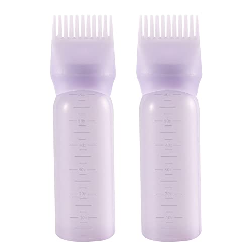 Pimoys Root Comb Applicator Bottle 6 Ounce, 2 Pack Oil Applicator for Hair Dye, Bottle Applicator Brush with Graduated Scale, Purple