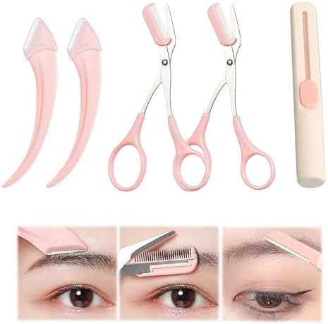 5Pcs Eyebrow Trimmer Set, Eyebrow Razor and Scissors with Comb, Non Slip Stainless Steel Facial Hair Removal Tool Professional Brow Shaping Beard Shaving Kit Beauty Accessories for Men Women (2)