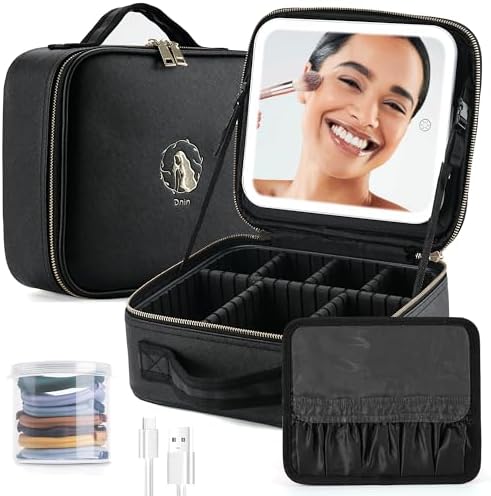 Makeup Bag with LED Mirror, Travel Makeup Case with Lighted Mirror, Portable Makeup Organizer Cosmetic Train Case for Women Adjustable Dividers Beauty Tools Accessories