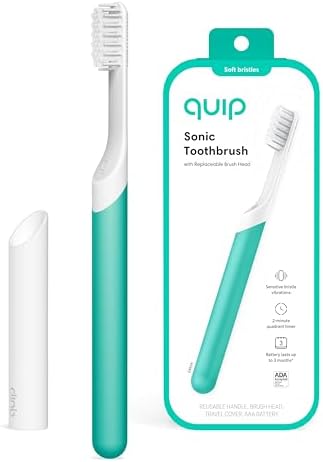 Quip Sonic Toothbrush for Adults - Timed Electric Toothbrush with Cover - Replaceable Brush Head, Soft Bristles, Plastic Handle, 3 Month Battery Life - Travel Toothbrush - Green