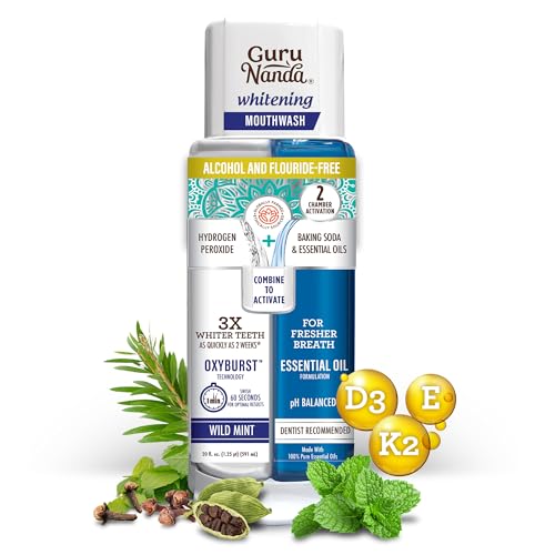 GuruNanda Teeth Whitening Dual Barrel Oxyburst Mouthwash - Alcohol & Fluoride Free with 100% Natural Essential Oils, Hydrogen Peroxide to Promote Whiter Teeth - Wild Mint - 20 Fl Oz
