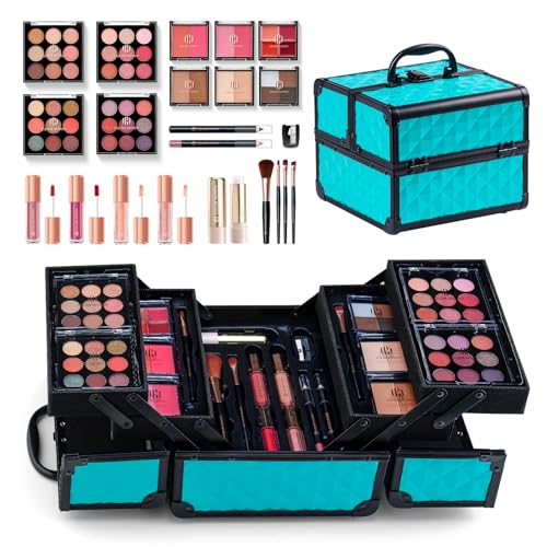 Color Nymph All In One Makeup Kit Comestics Gifts for Girls Teens, Travel Makeup Set 4 Trays Train Case for Beginner Includes Eyeshadow Highlighter Lipgloss Blush Concealer Brush Eyeliner Lipbalm