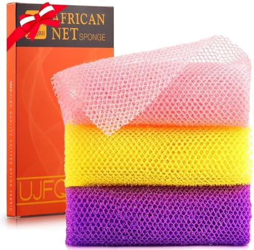 UJFQBH 3 Pieces African Bath Sponge African Net Long Net Bath Sponge Exfoliating Shower Body Scrubber Back Scrubber Skin Smoother,Great for Daily Use (Pink,Yellow,Purple)